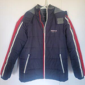 London Fog Boys Winter Coat, Size 14/16, Navy Blue with Red, Hooded Fleece Lined